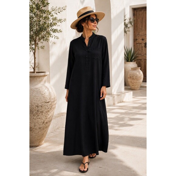 Unbranded Dresses & Skirts - Womens Black Maxi Dress Long Sleeve Modest Abaya Style Button Front Pocket